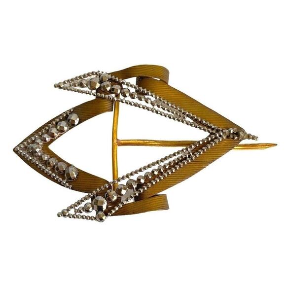ART DECO Hematite Belt Buckle Brass Tone 1940s Vintage Flapper Diamond Shape - Picture 1 of 9